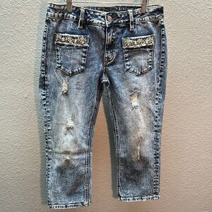 MISS ME Mid-rise Capri Distressed Blue Jeans with Embellished Pockets size 29